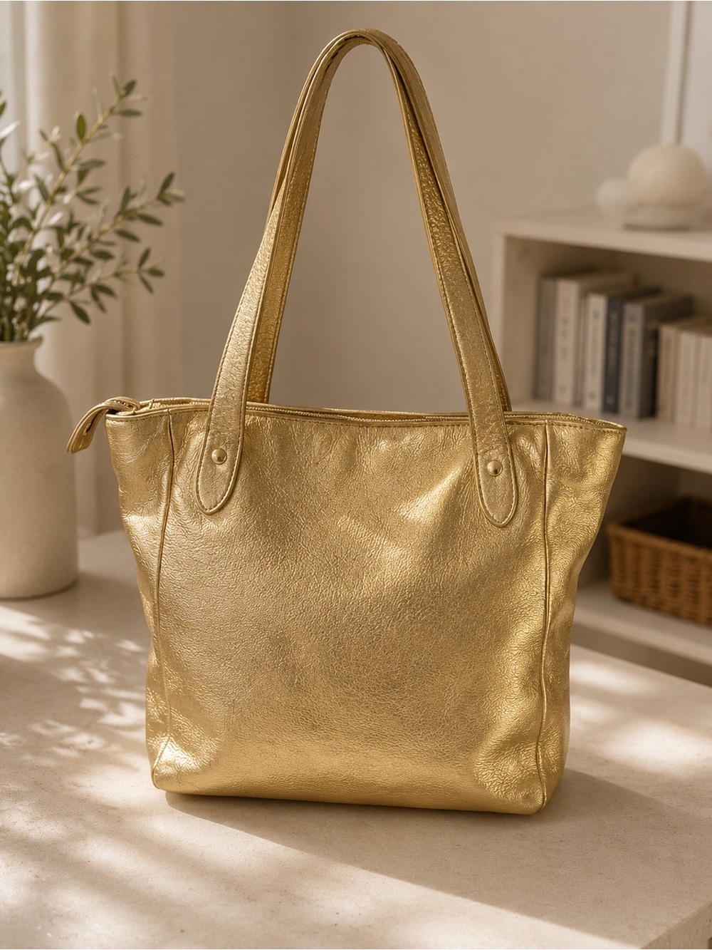 Lauren Ralph Lauren Metallic Gold LXVII Crest Tote Bag LG Shopper Shoulder Purse - Picture 7 of 13